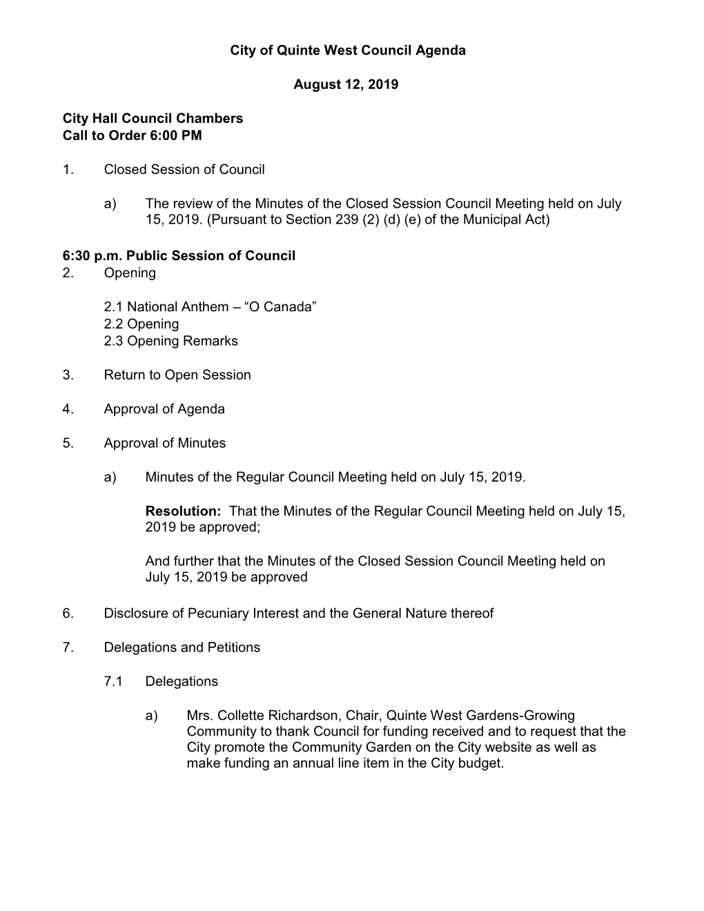 City of Quinte West Council Agenda August 12, 2019 City Hall Council