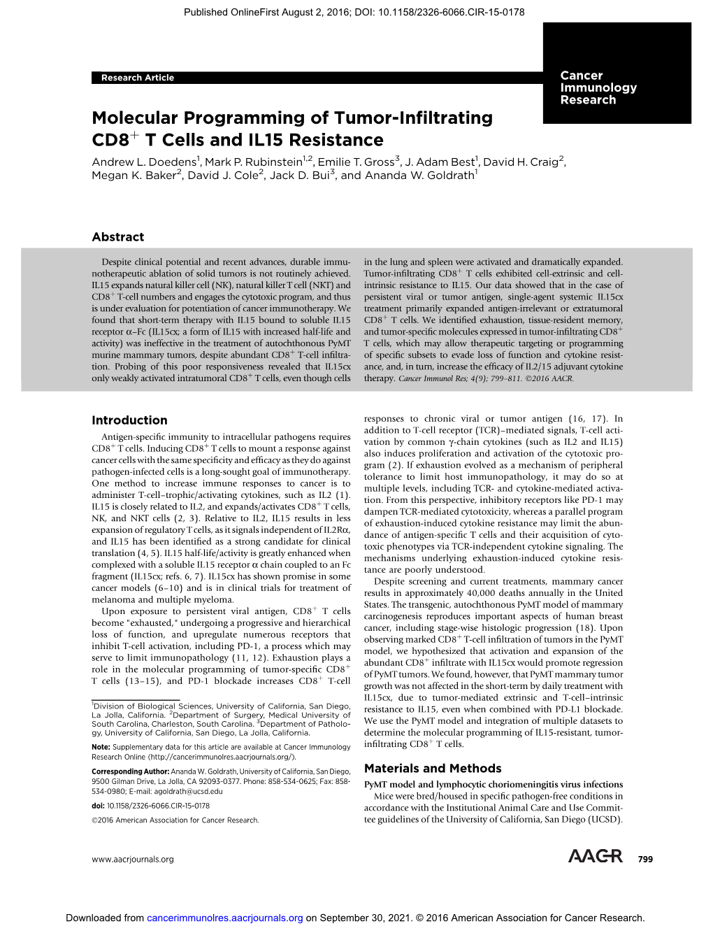 Molecular Programming of Tumor-Infiltrating CD8 T Cells and IL15 Resistance