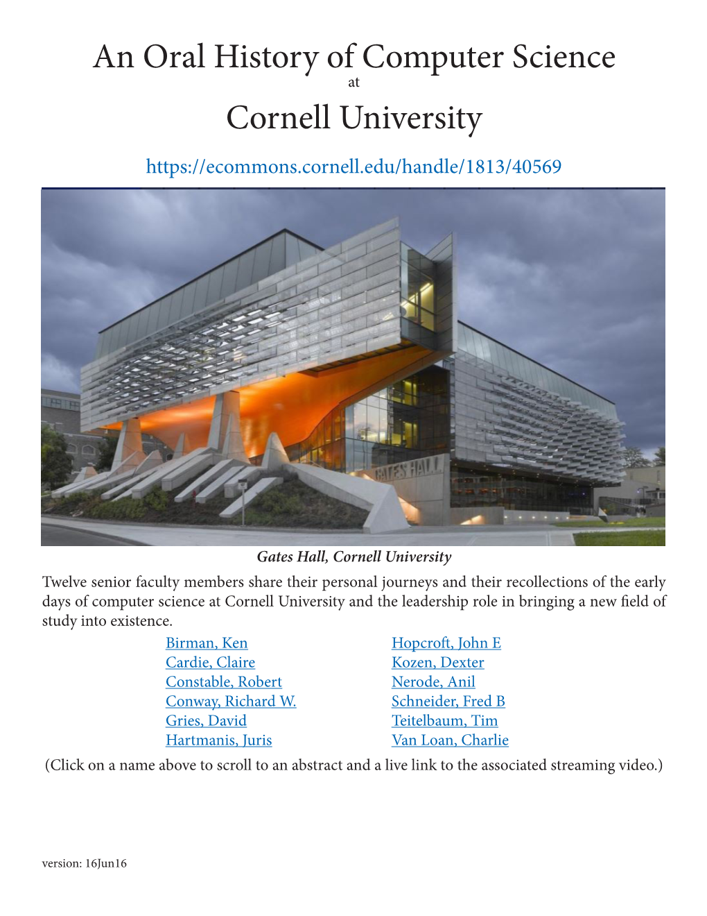 An Oral History of Computer Science Cornell University