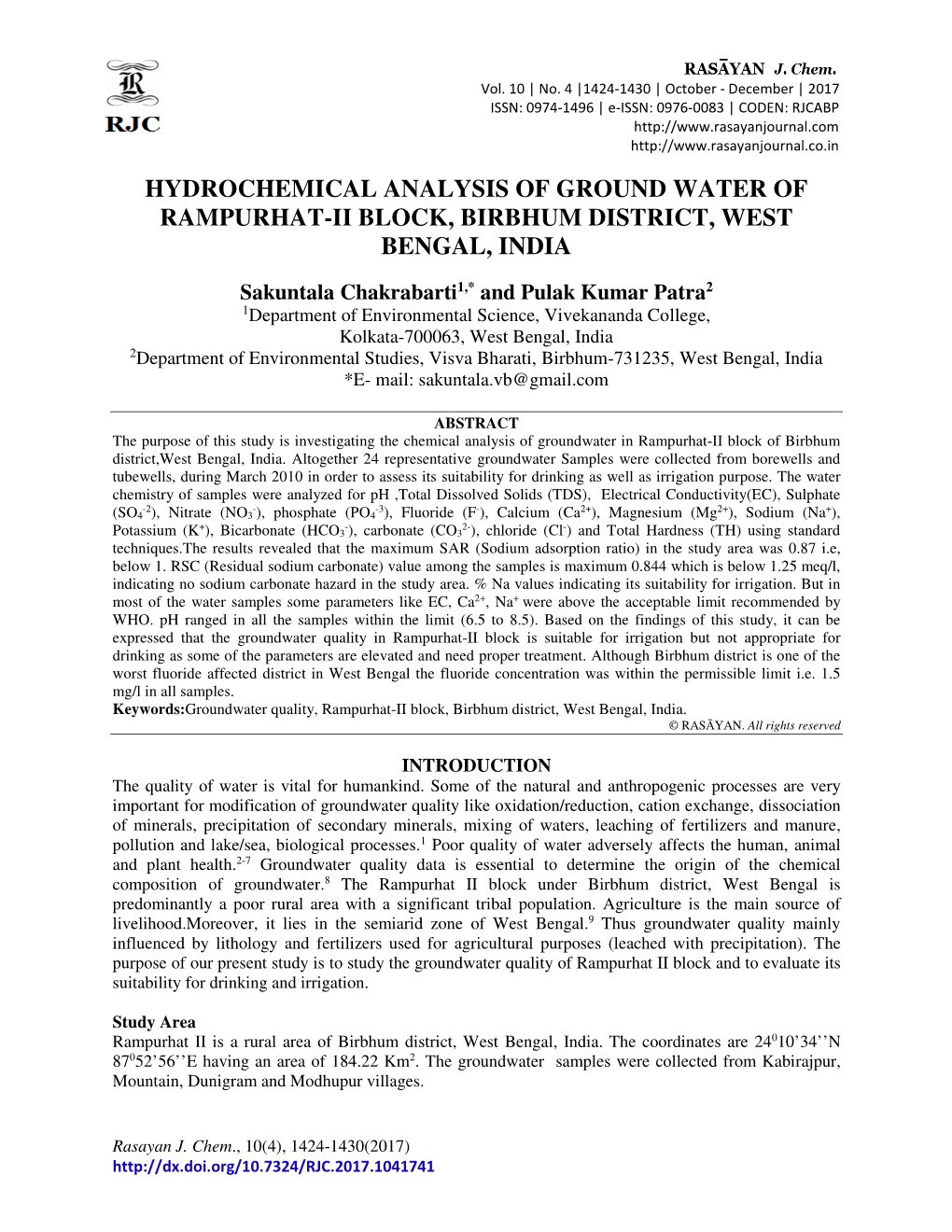 Hydrochemical Analysis of Ground Water of Rampurhat-Ii Block, Birbhum District, West Bengal, India