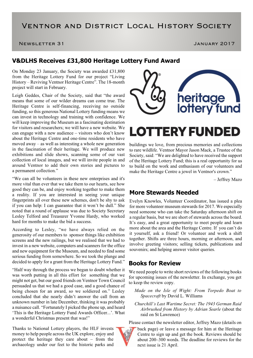 Ventnor and District Local History Society Newsletter 30, September 2016 1 Ventnor and District Local History Society