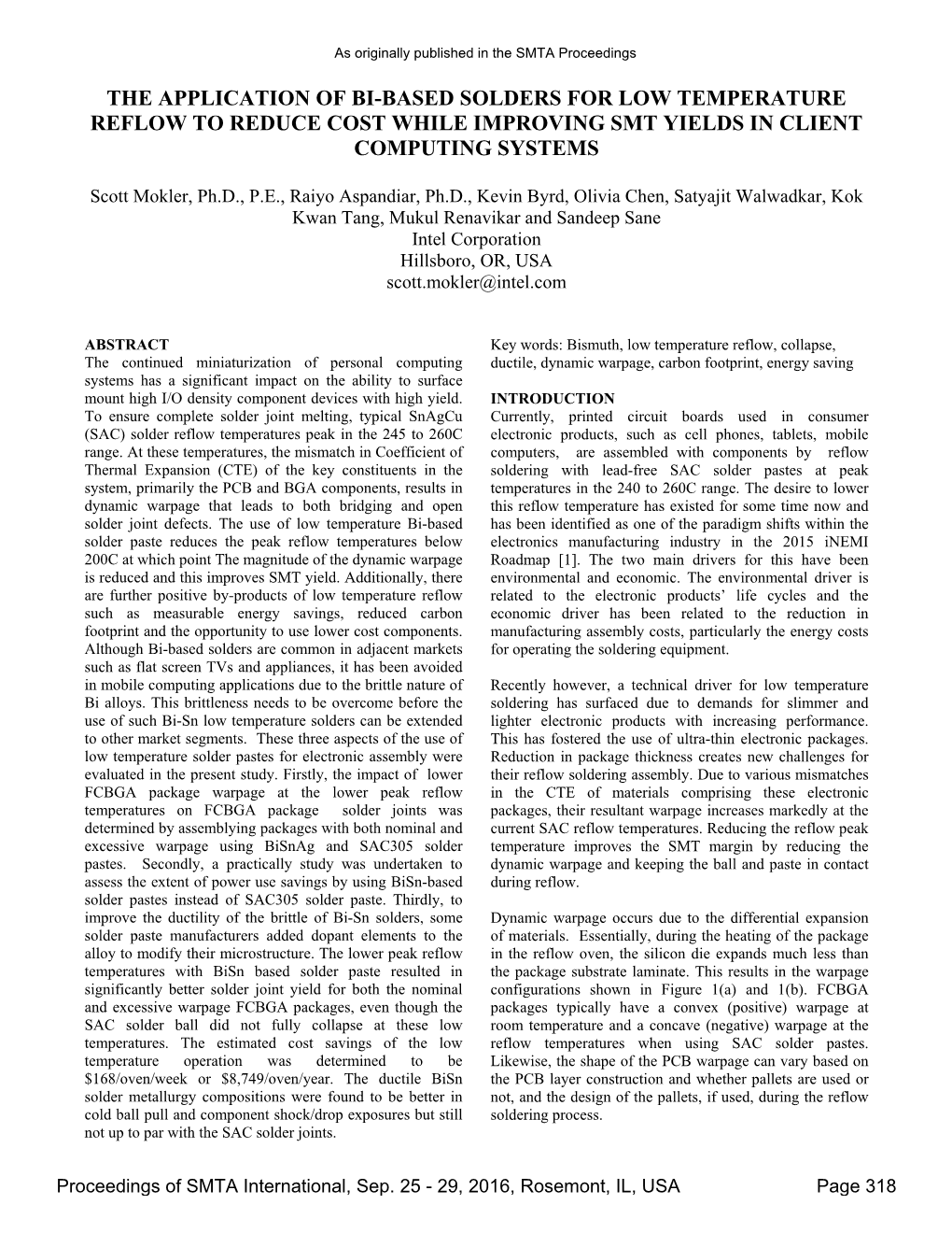 The Application of Bi-Based Solders for Low Temperature Reflow to Reduce Cost While Improving Smt Yields in Client Computing Systems