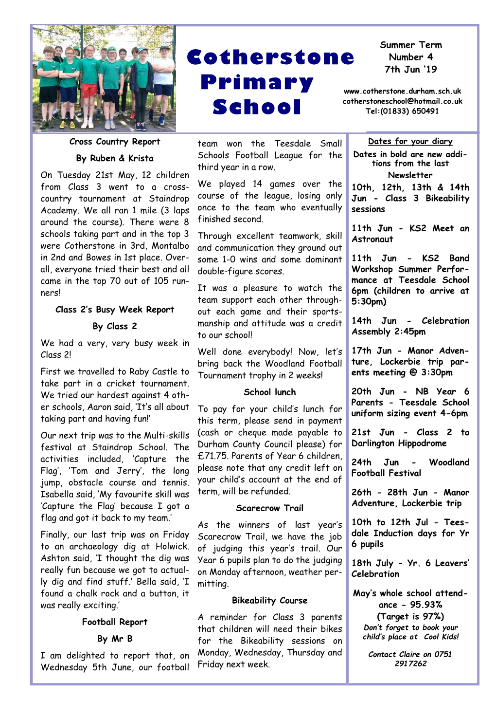 Cotherstone News 7 Jun 19