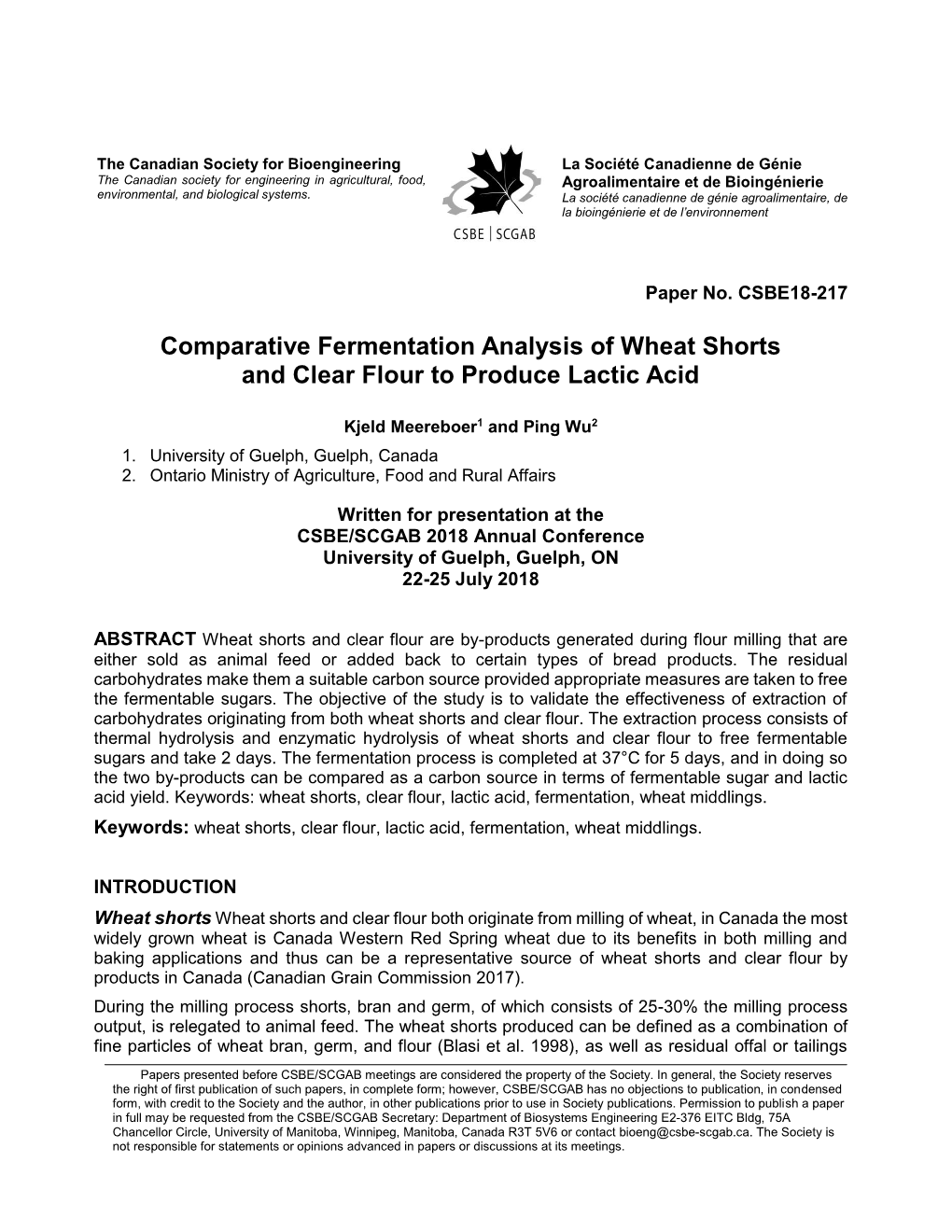 Comparative Fermentation Analysis of Wheat Shorts and Clear Flour to Produce Lactic Acid