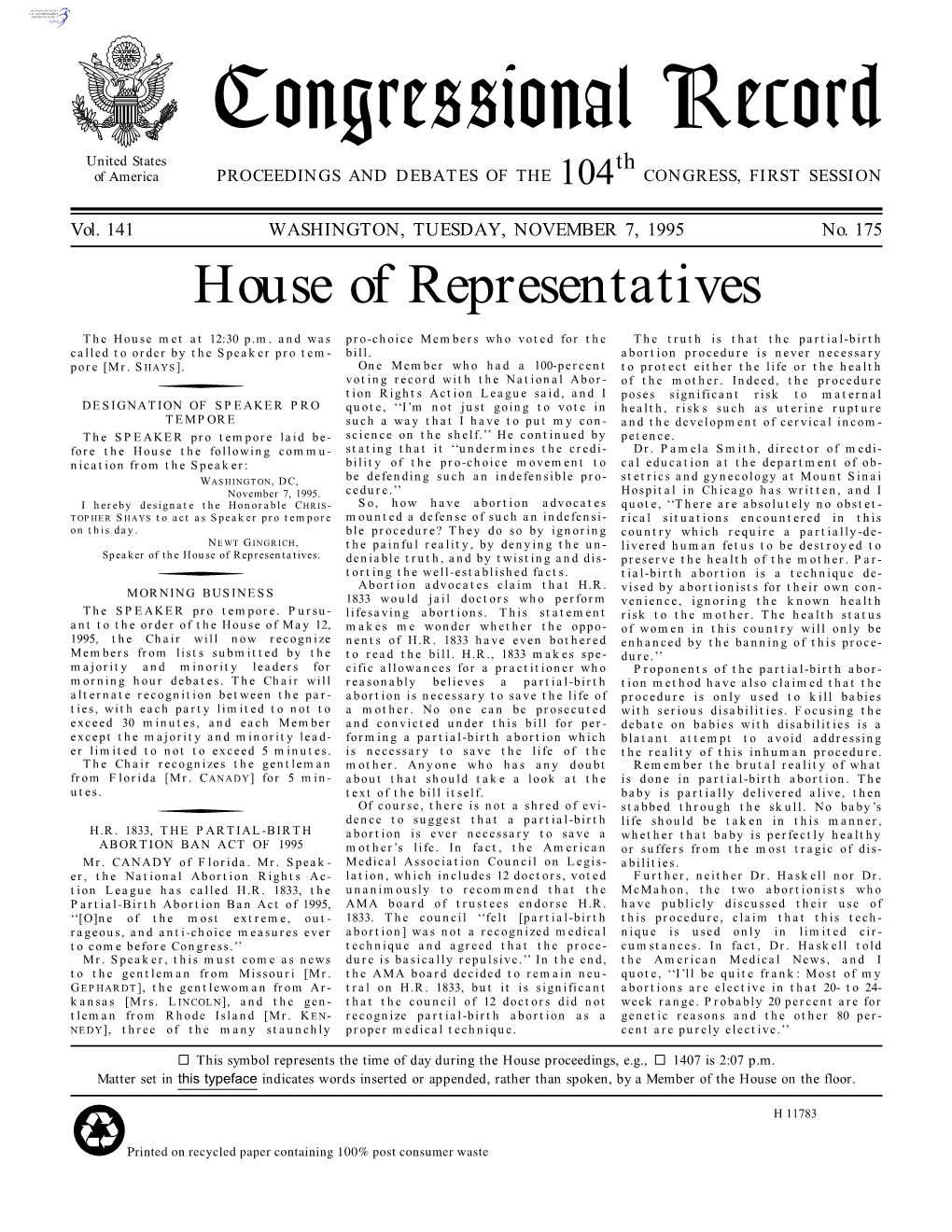 Congressional Record United States Th of America PROCEEDINGS and DEBATES of the 104 CONGRESS, FIRST SESSION