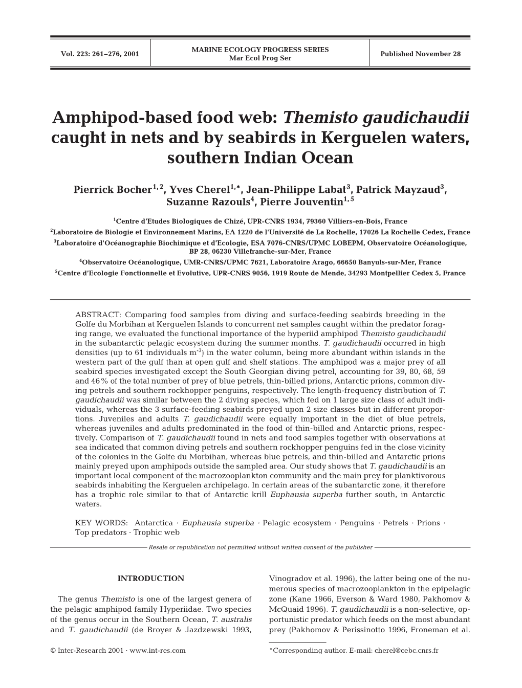 Amphipod-Based Food Web: Themisto Gaudichaudii Caught in Nets and by Seabirds in Kerguelen Waters, Southern Indian Ocean