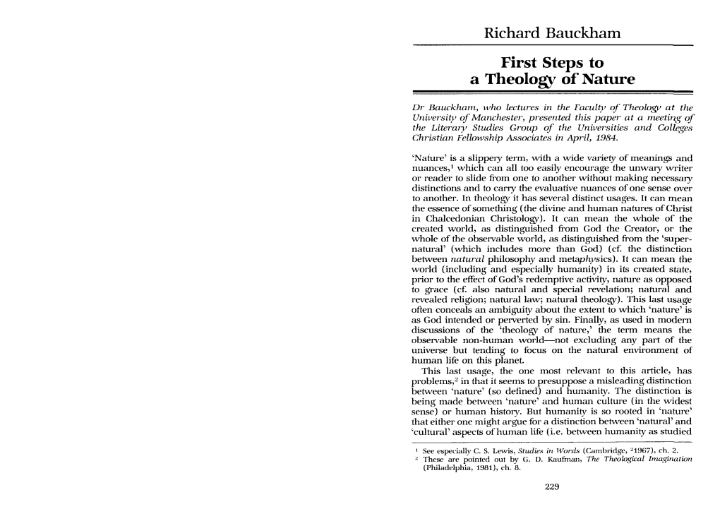 Richard Bauckham First Steps to a Theology of Nature