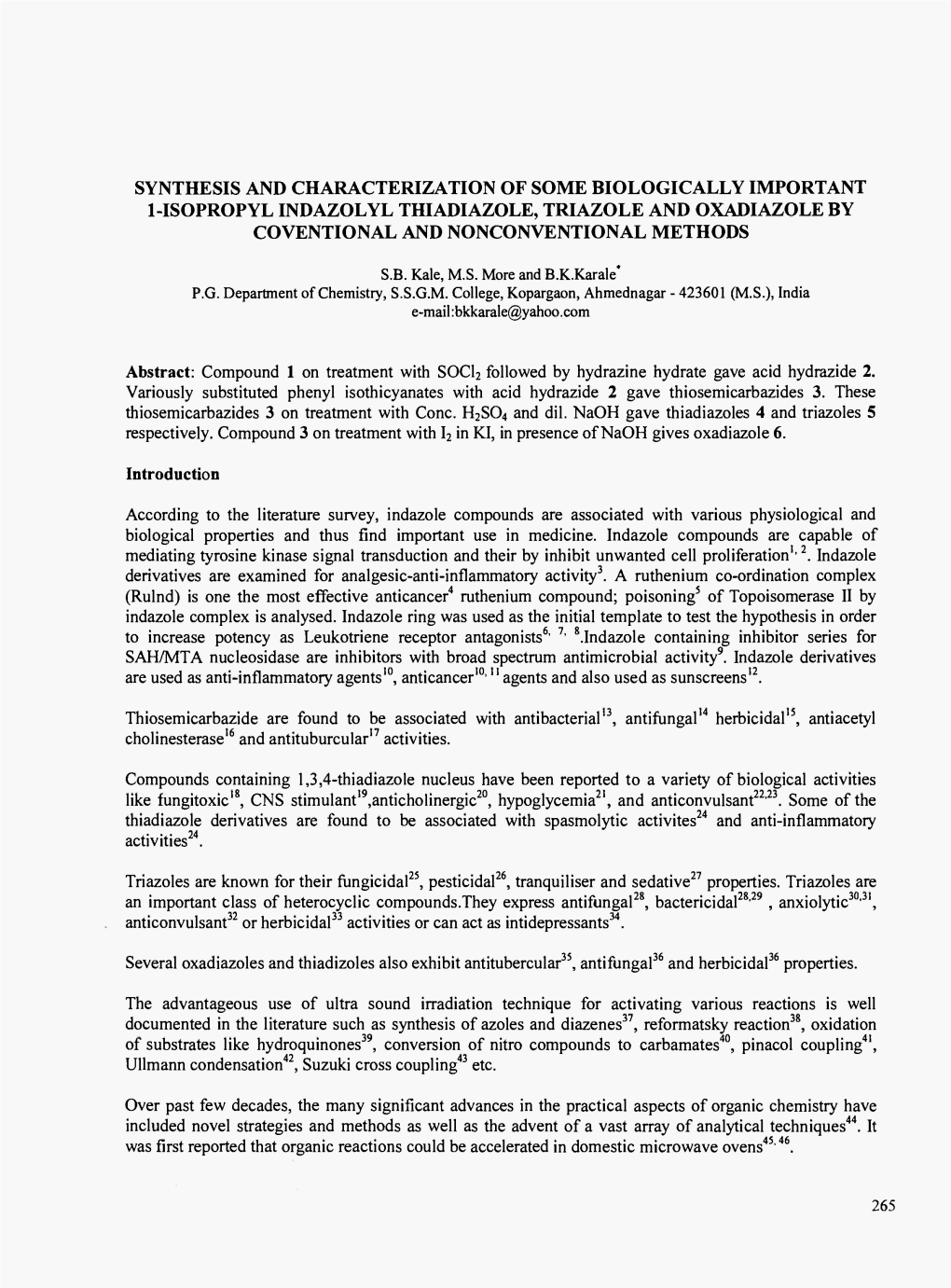 Synthesis and Characterization of Some Biologically Important 1-Isopropyl Indazolyl Thiadiazole, Triazole and Oxadiazole by Coventional and Nonconventional Methods