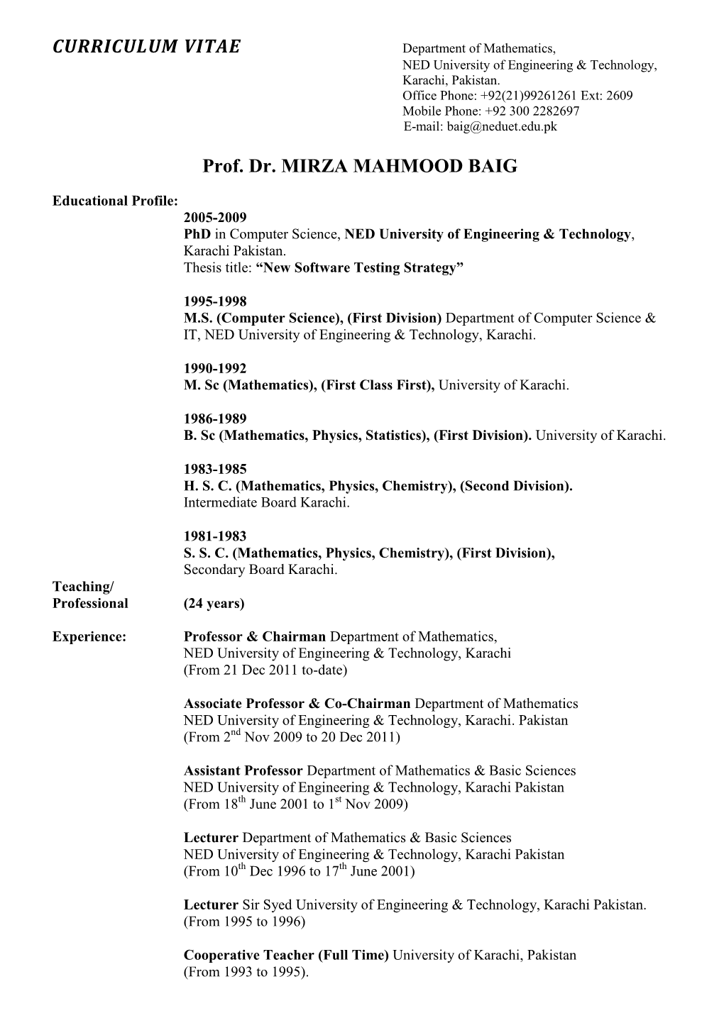 CURRICULUM VITAE Prof. Dr. MIRZA MAHMOOD BAIG