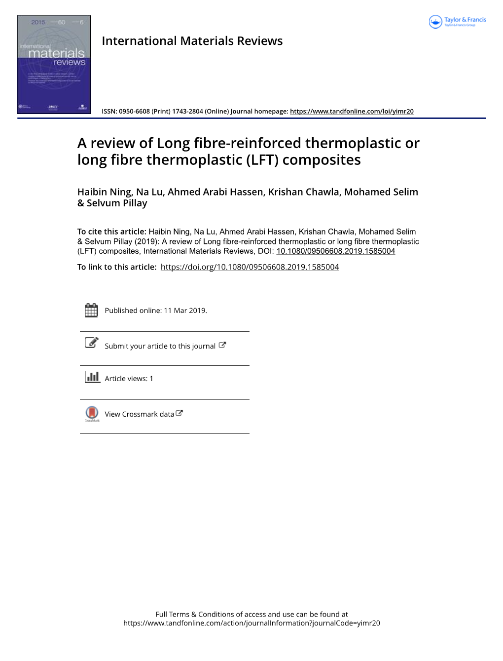 A Review of Long Fibre-Reinforced Thermoplastic Or Long Fibre Thermoplastic (LFT) Composites