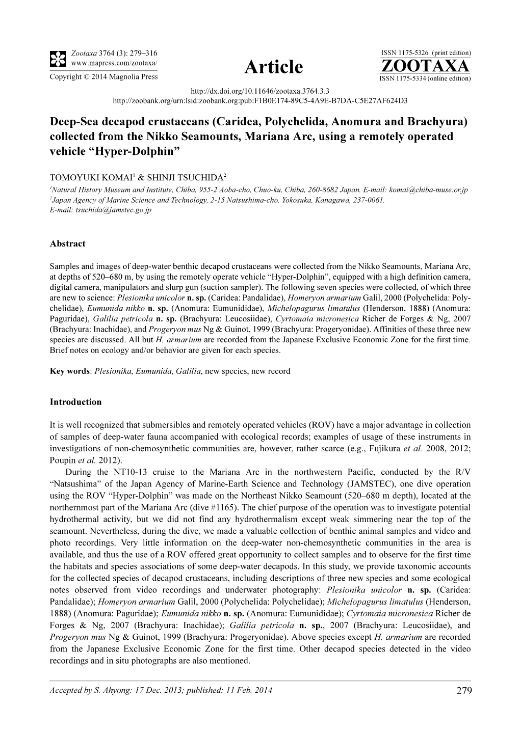 Caridea, Polychelida, Anomura and Brachyura) Collected from the Nikko Seamounts, Mariana Arc, Using a Remotely Operated Vehicle “Hyper-Dolphin”