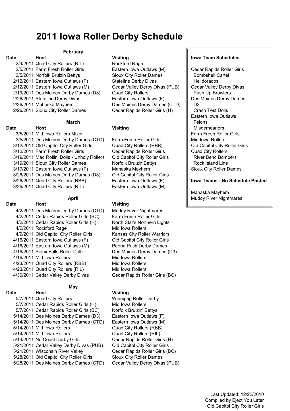 Iowa Roller Derby Schedule 02/01/2011