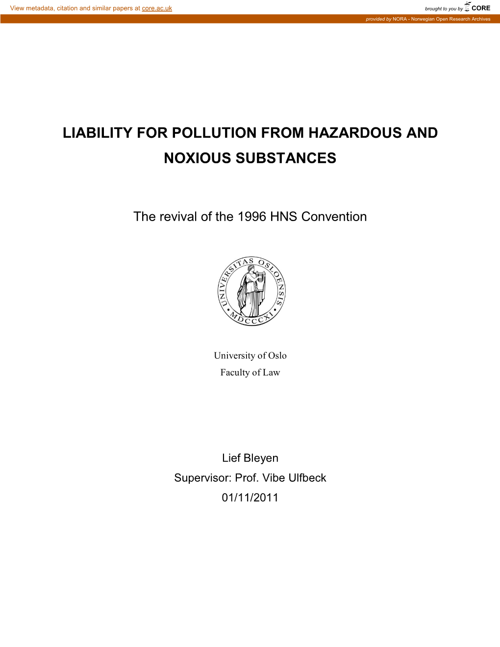 Liability for Pollution from Hazardous and Noxious Substances