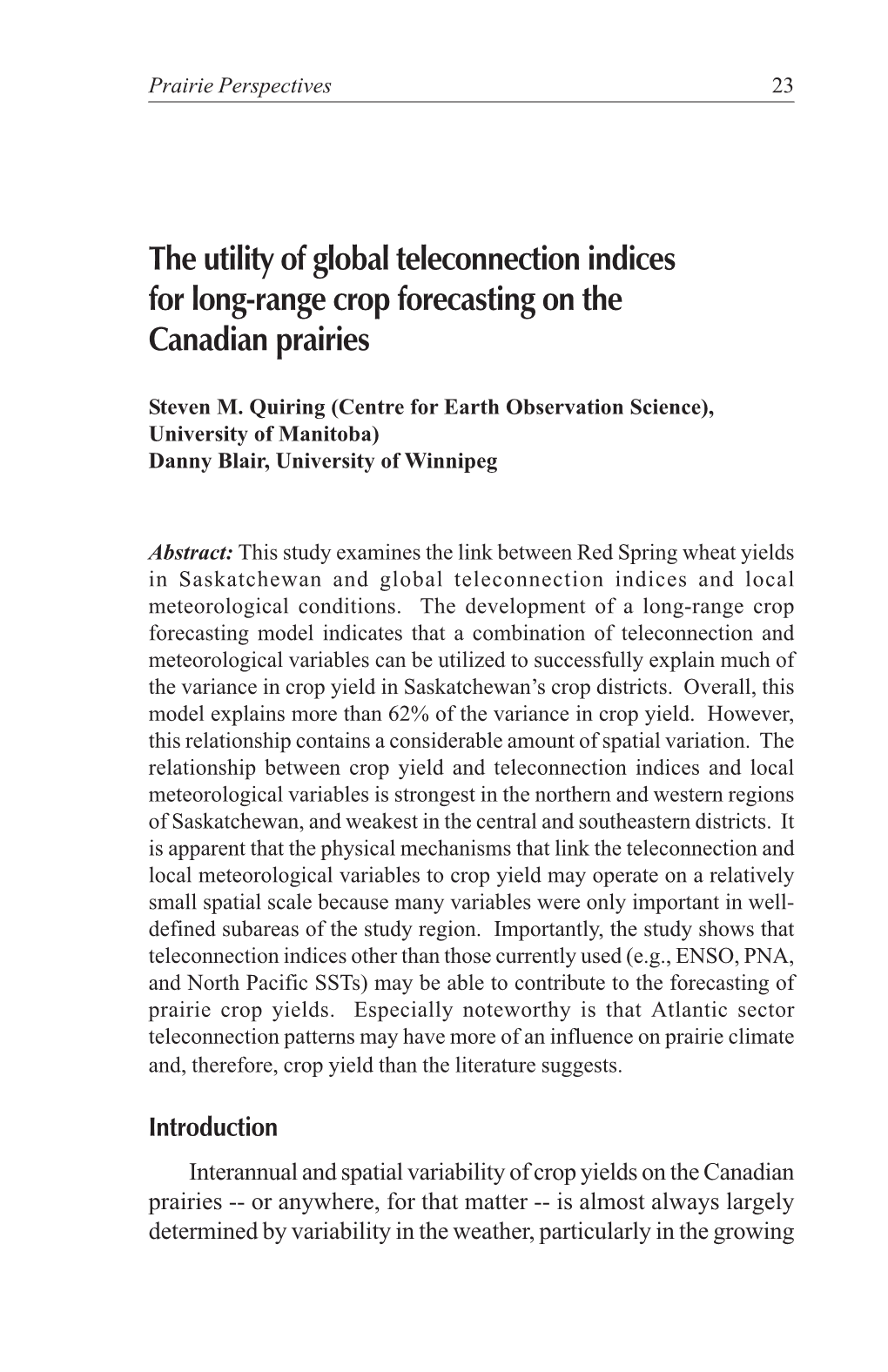 The Utility of Global Teleconnection Indices for Long-Range Crop Forecasting on the Canadian Prairies