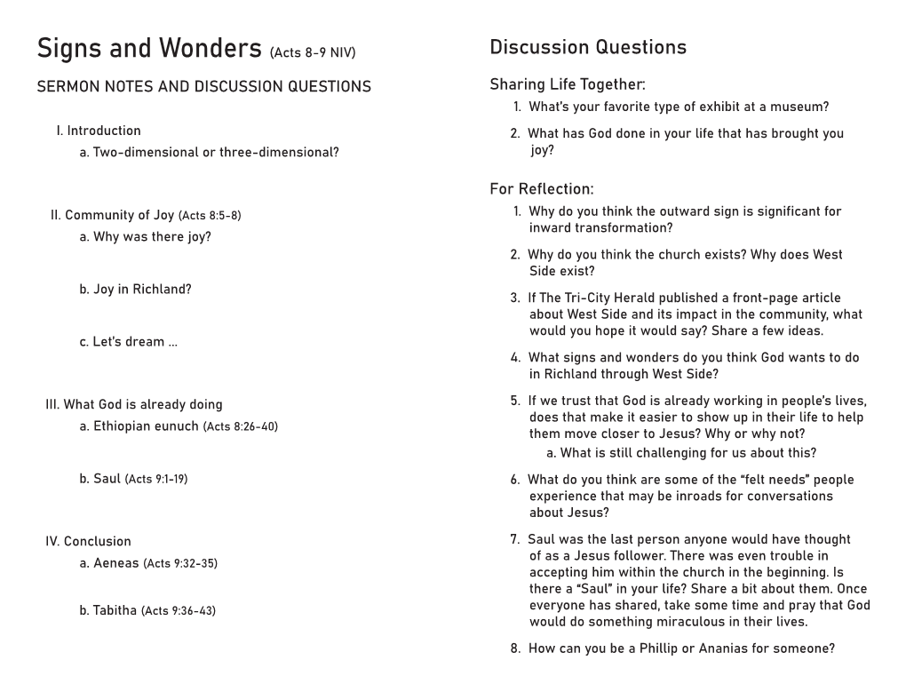 Signs and Wonders (Acts 8-9 NIV) Discussion Questions SERMON NOTES and DISCUSSION QUESTIONS Sharing Life Together: 1