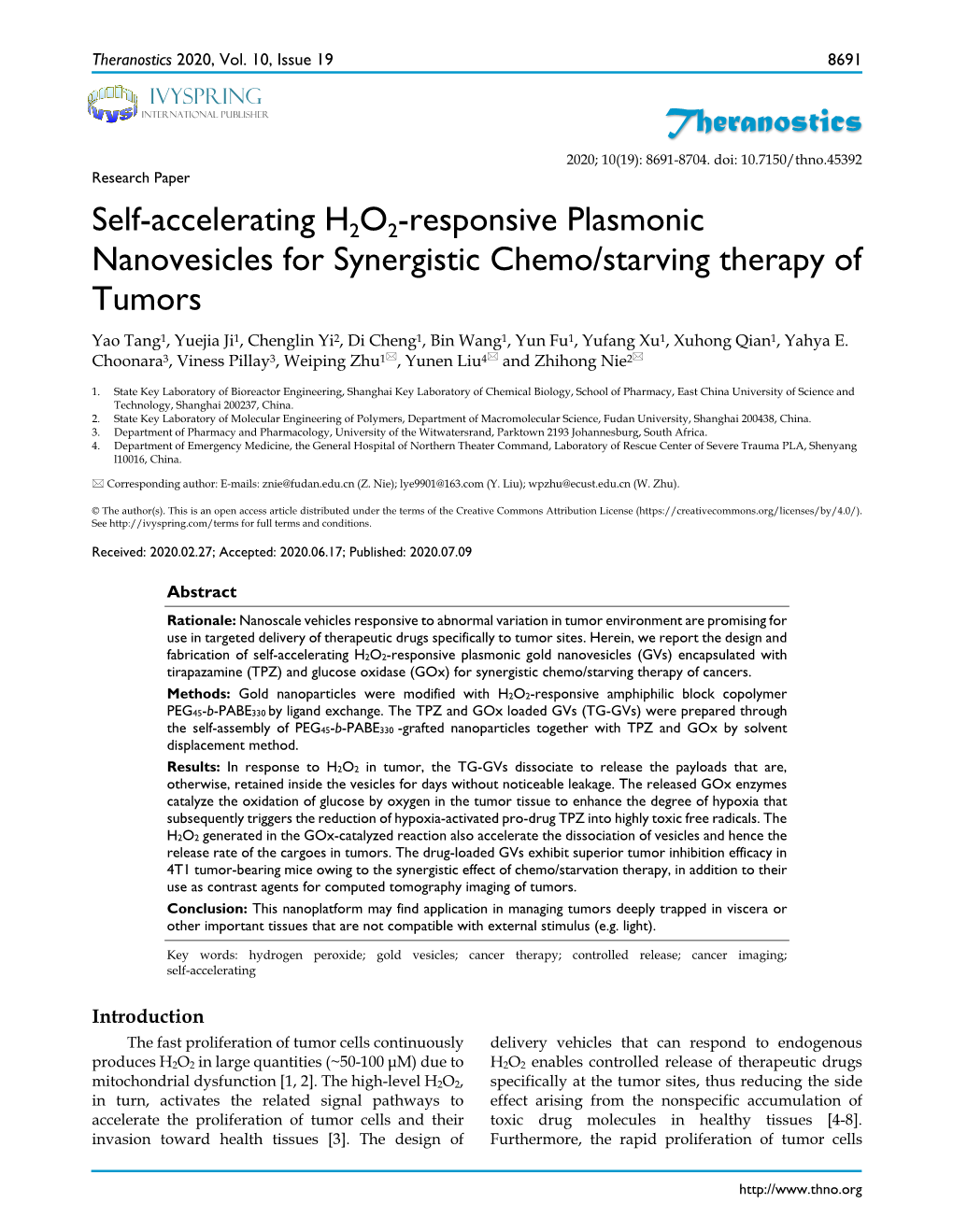 Theranostics Self-Accelerating H2O2-Responsive Plasmonic