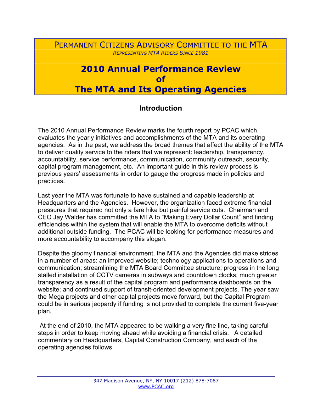 2010 MTA Annual Performance Review