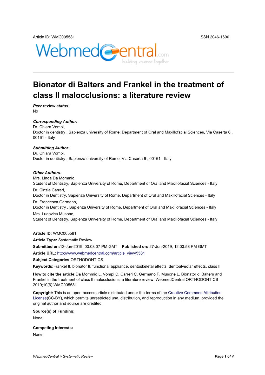 Bionator Di Balters and Frankel in the Treatment of Class II Malocclusions: a Literature Review