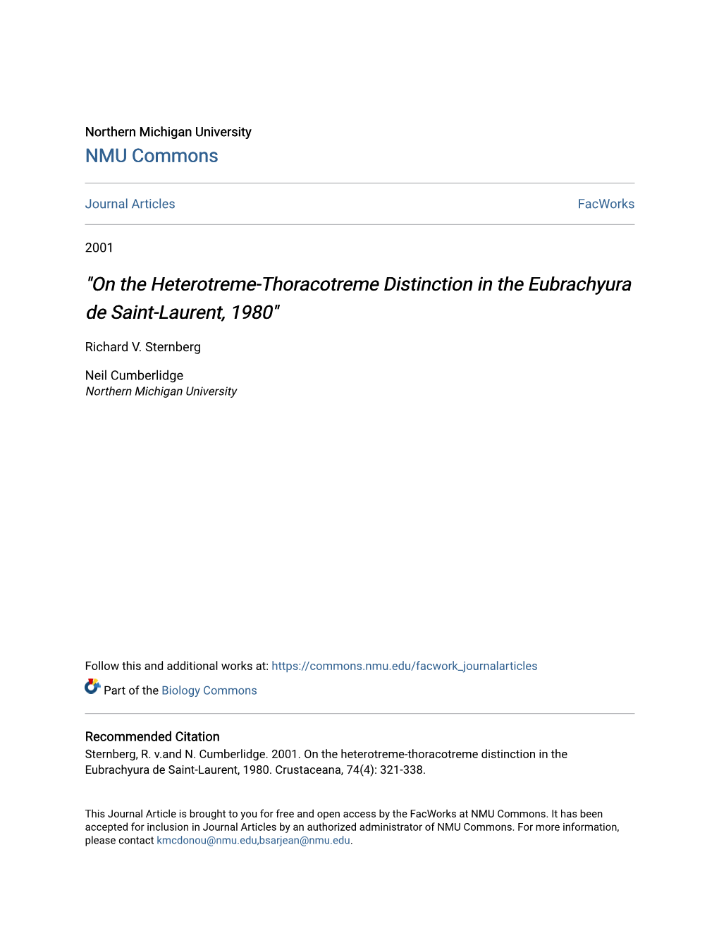 On the Heterotreme-Thoracotreme Distinction in the Eubrachyura De Saint-Laurent, 1980