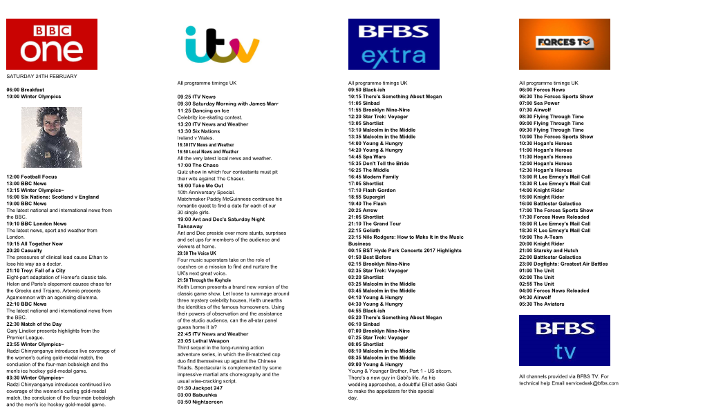 SATURDAY 24TH FEBRUARY 06:00 Breakfast 10:00 Winter Olympics 12:00 Football Focus 13:00 BBC News 13:15 Winter Olympics~ 16:00 Si