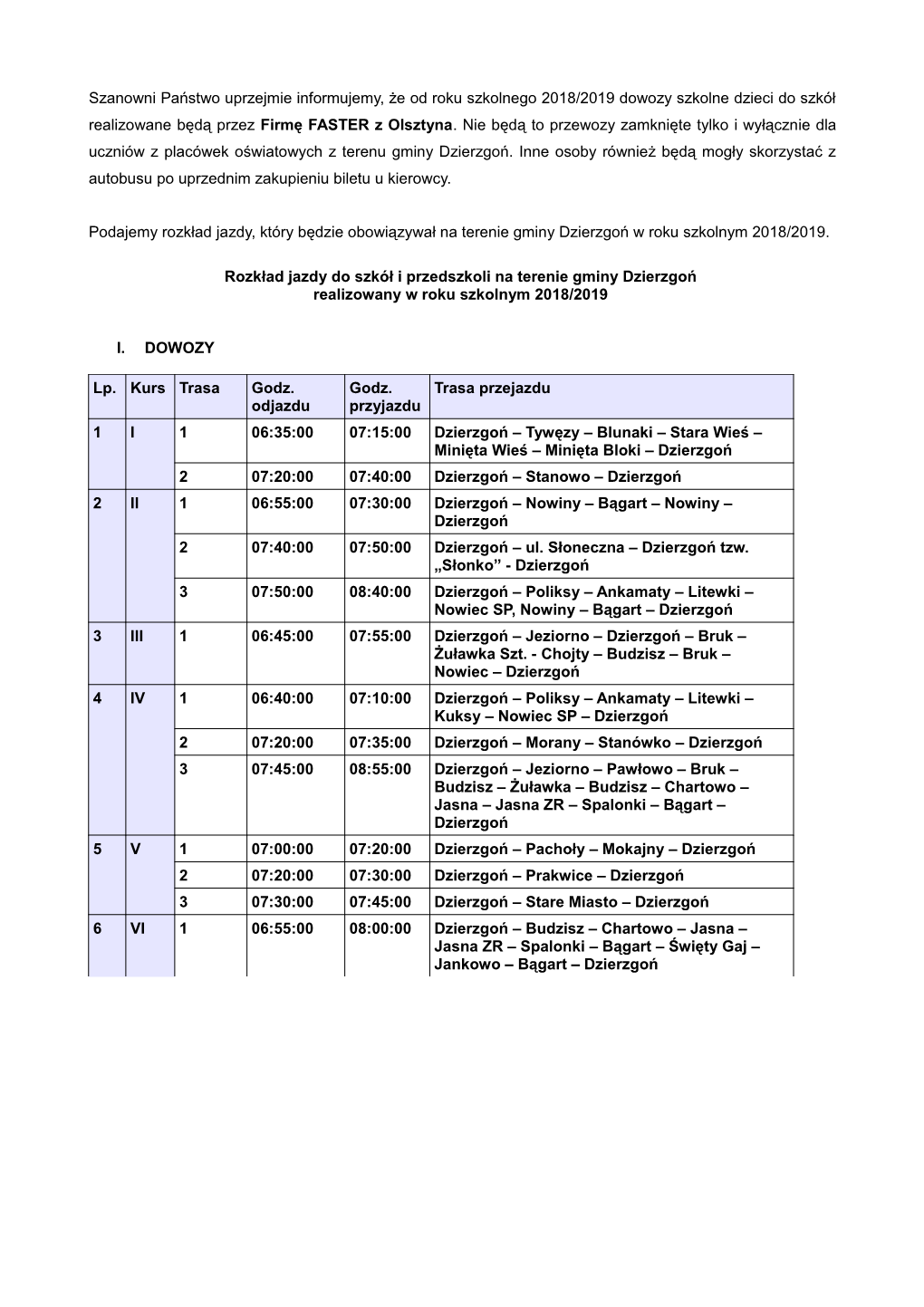 Szanowni Państwo Uprzejmie Informujemy, Że Od Roku Szkolnego 2018/2019 Dowozy Szkolne Dzieci Do Szkół Realizowane Będą Przez Firmę FASTER Z Olsztyna