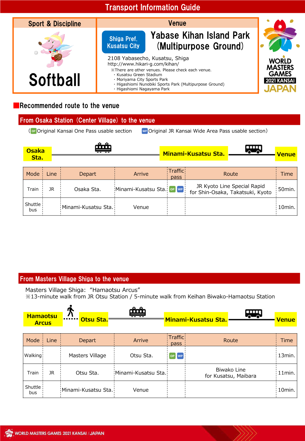 Transport Information Guide Softball Yabase Kihan Island Park