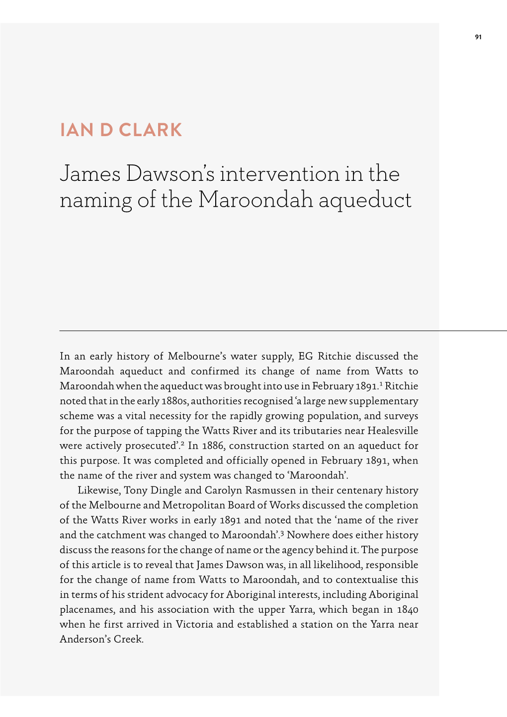 James Dawson's Intervention in the Naming of the Maroondah Aqueduct