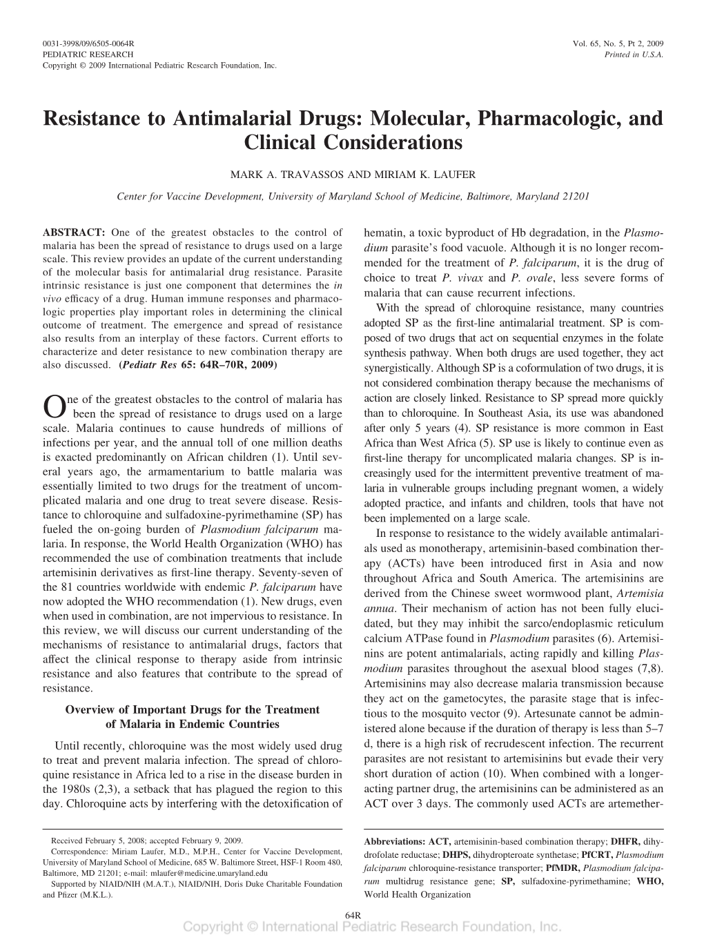 Resistance to Antimalarial Drugs: Molecular, Pharmacologic, and Clinical Considerations