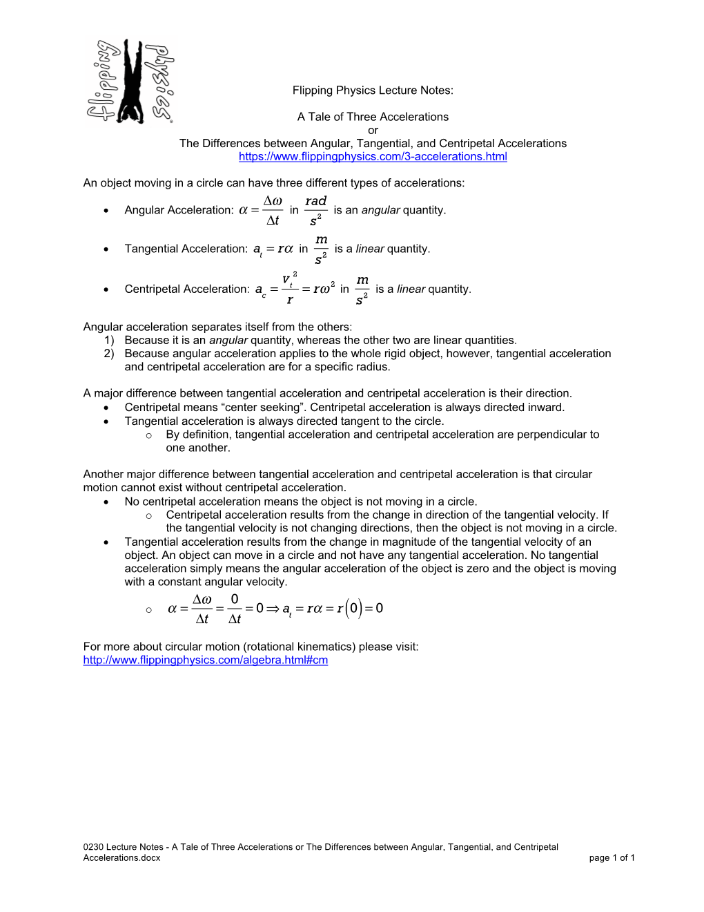 0230 Lecture Notes - a Tale of Three Accelerations Or the Differences Between Angular, Tangential, and Centripetal Accelerations.Docx Page 1 of 1