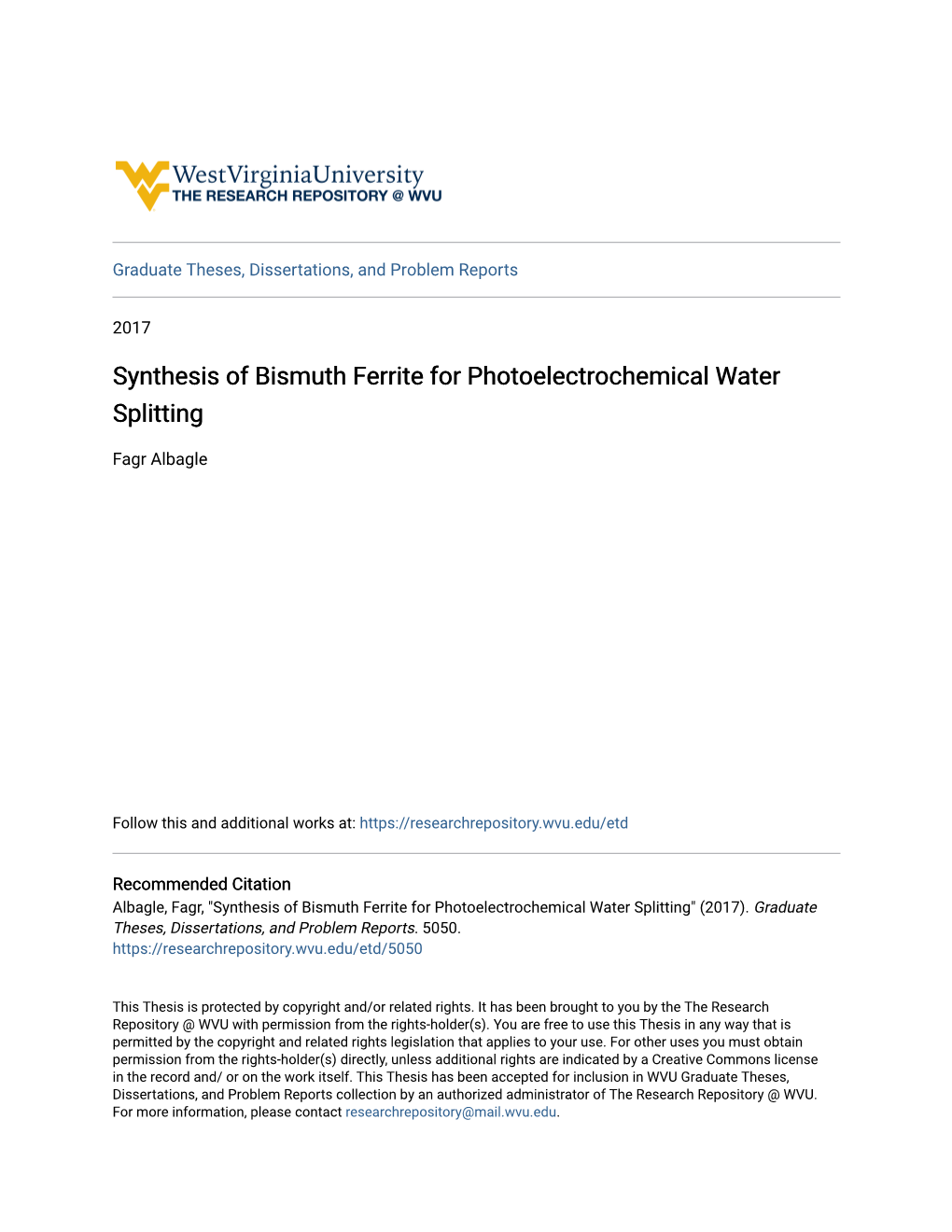 Synthesis of Bismuth Ferrite for Photoelectrochemical Water Splitting