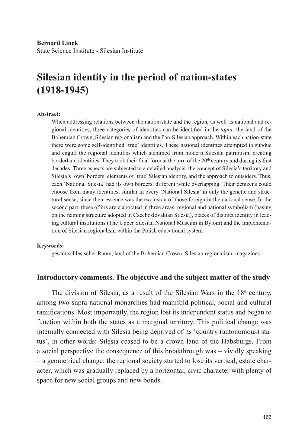 Silesian Identity in the Period of Nation-States (1918-1945); Tożsamość