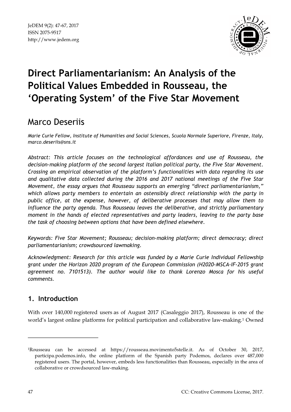 Direct Parliamentarianism: an Analysis of the Political Values Embedded in Rousseau, the ‘Operating System’ of the Five Star Movement