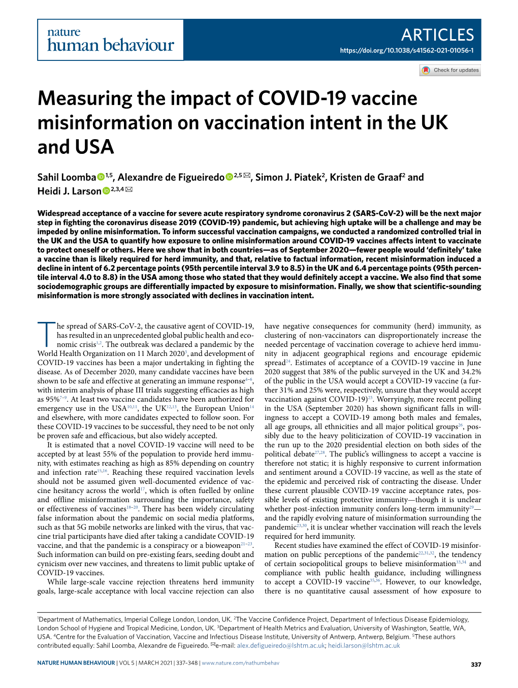 Measuring the Impact of COVID-19 Vaccine Misinformation on Vaccination Intent in the UK and USA