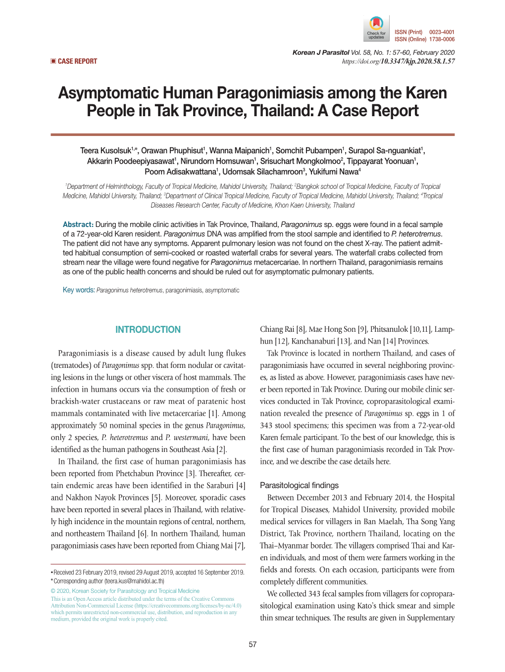 Asymptomatic Human Paragonimiasis Among the Karen People in Tak Province, Thailand: a Case Report