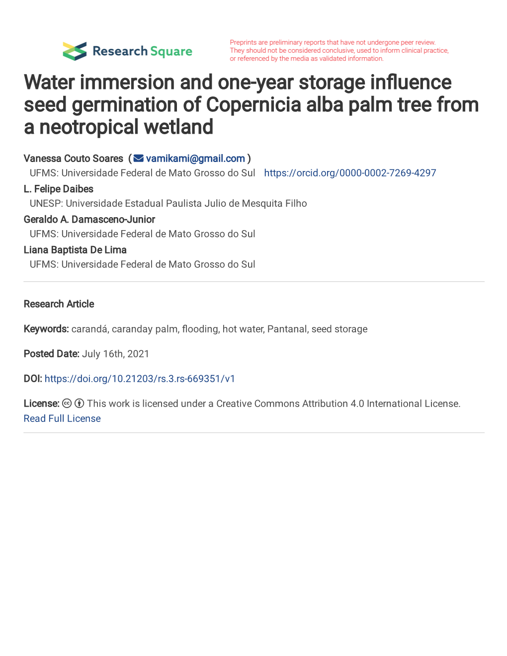 Water Immersion and One-Year Storage in Uence Seed Germination