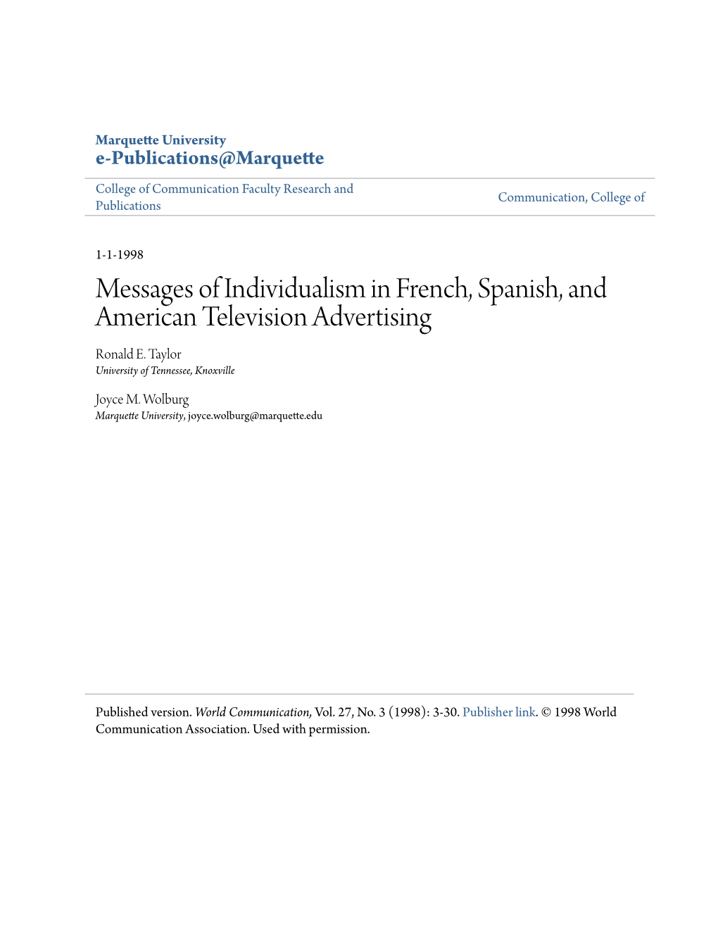 Messages of Individualism in French, Spanish, and American Television Advertising Ronald E