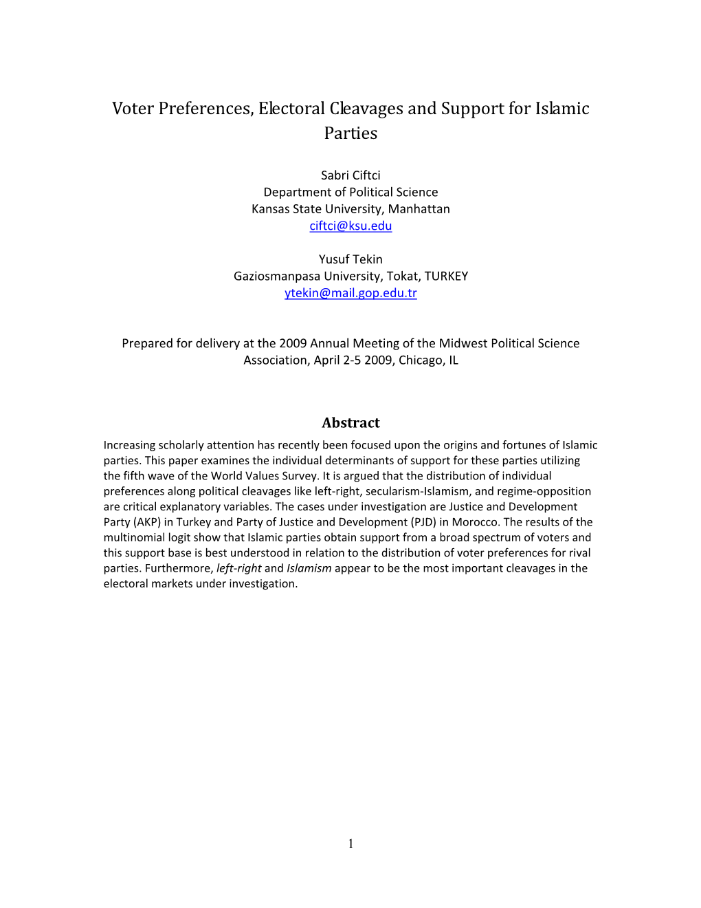 Voter Preferences, Electoral Cleavages and Support for Islamic Parties