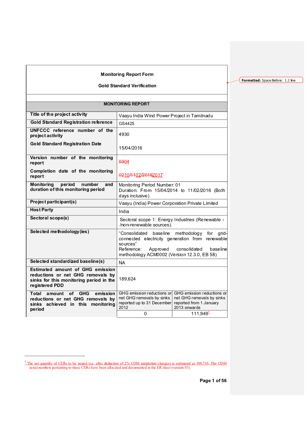 Of 56 Monitoring Report Form Gold Standard Verification Title of The