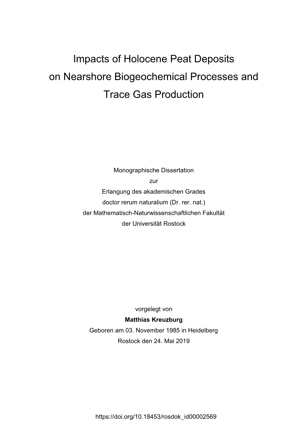 Impacts of Holocene Peat Deposits on Nearshore Biogeochemical Processes and Trace Gas Production