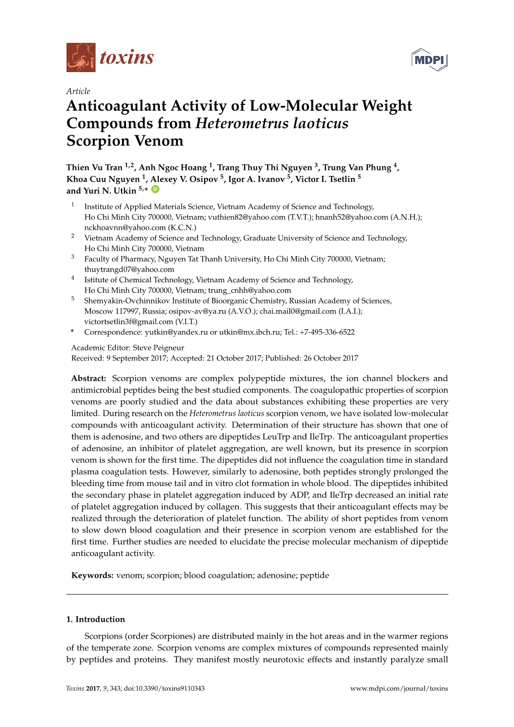 Anticoagulant Activity of Low-Molecular Weight Compounds from Heterometrus Laoticus Scorpion Venom