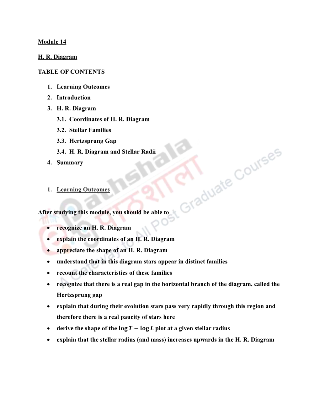 Module 14 H. R. Diagram TABLE of CONTENTS 1. Learning Outcomes