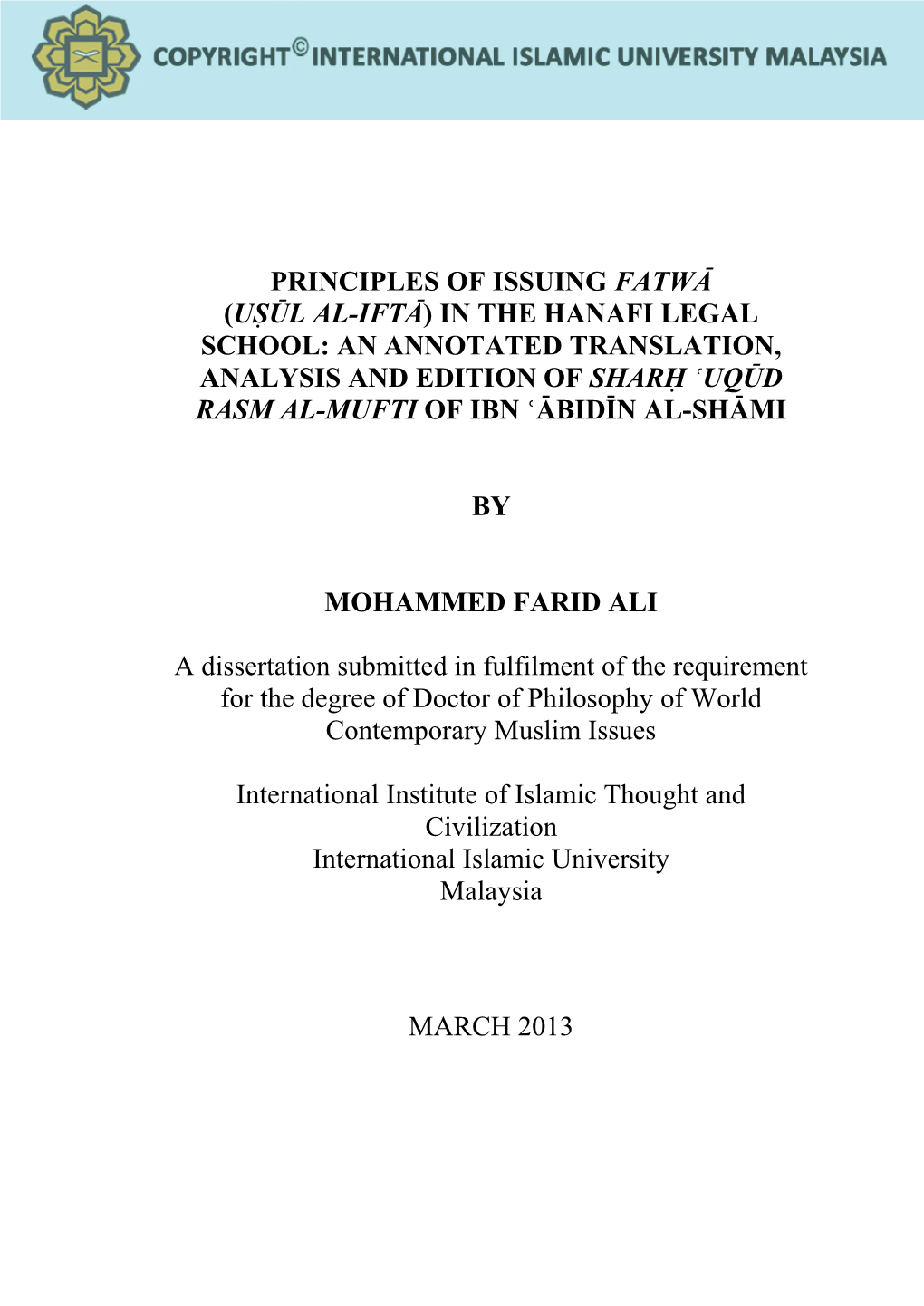 Principles of Issuing Fatw” (Uÿ'l Al-Ift”) in the Hanafi