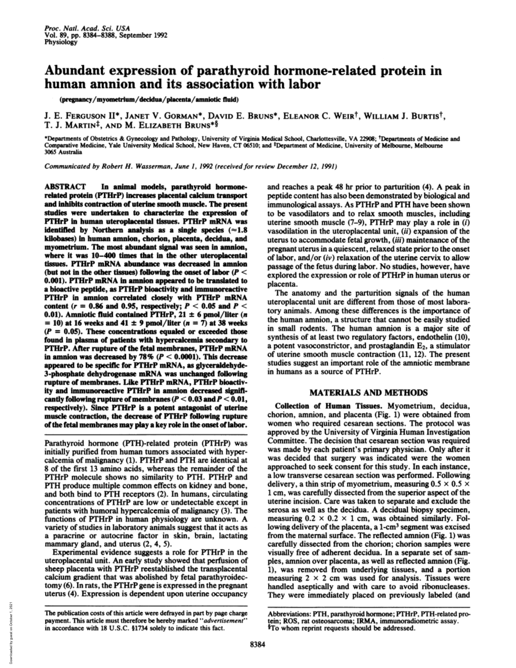 Abundant Expression of Parathyroid Hormone-Related Protein in Human Amnion and Its Association with Labor (Pregnancy/Myometrium/Decidua/Placenta/Amniotic Fluid) J