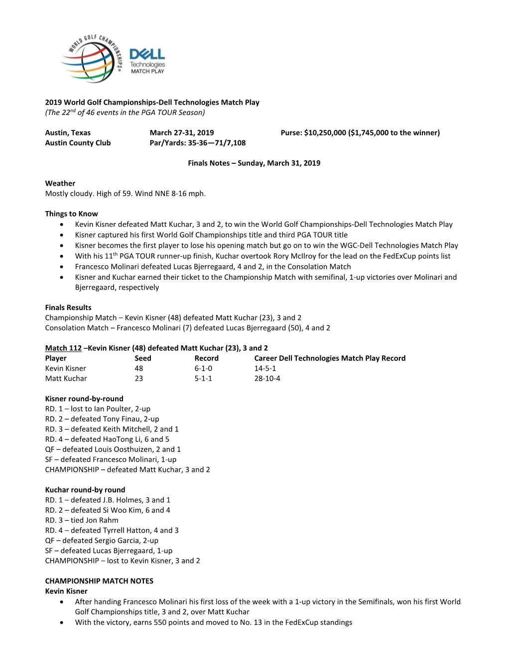 2019 World Golf Championships-Dell Technologies Match Play (The 22Nd of 46 Events in the PGA TOUR Season)