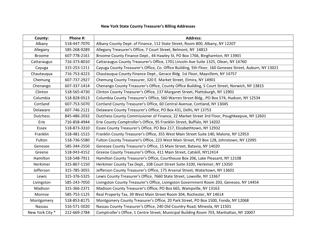 New York State County Treasurer's Billing Addresses