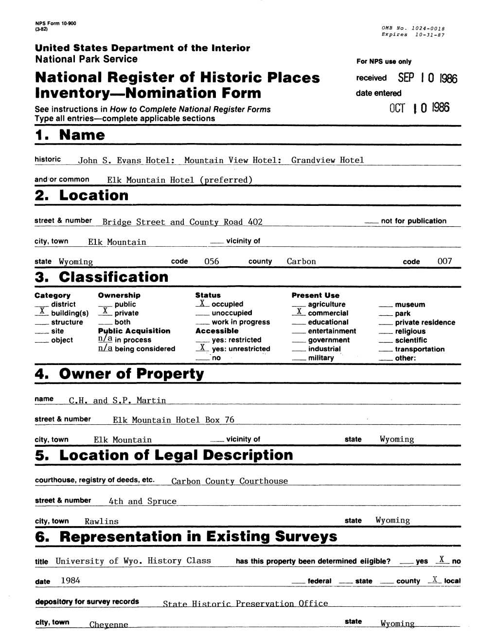 2. Location Street & Number Bridge Street and County Road 402 Not for Publication City, Town Elk Mountain Vicinity of State Wyoming Code 056 County Carbon Code 007 3