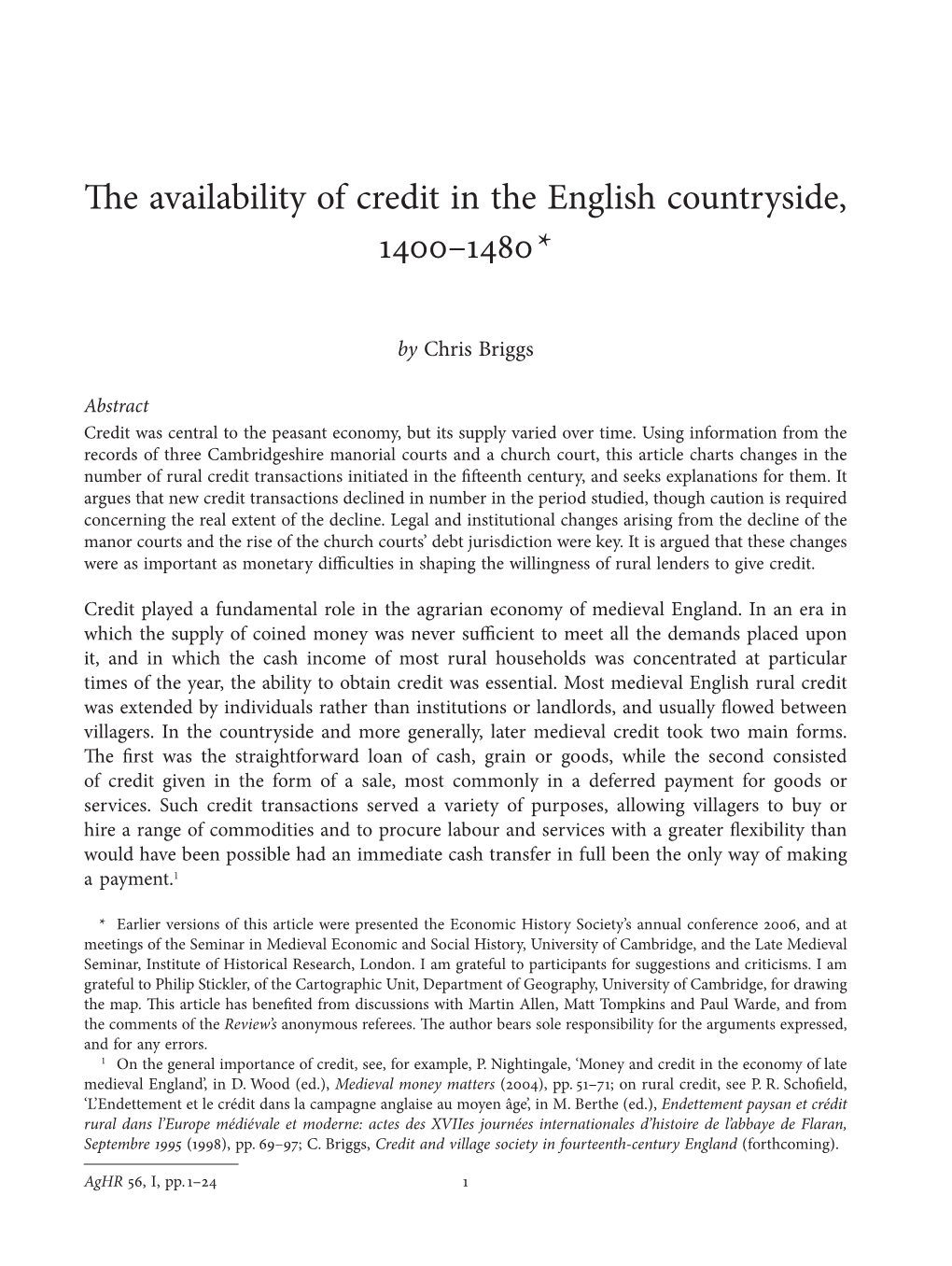 The Availability of Credit in the English Countryside, 1400–1480*