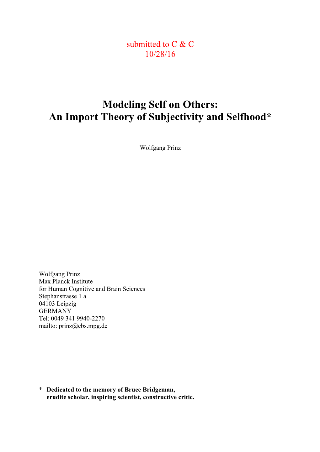 Modeling Self on Others: an Import Theory of Subjectivity and Selfhood*