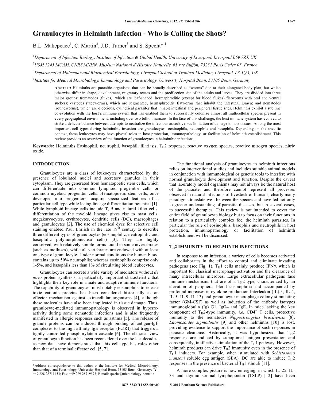 Granulocytes in Helminth Infection - Who Is Calling the Shots?