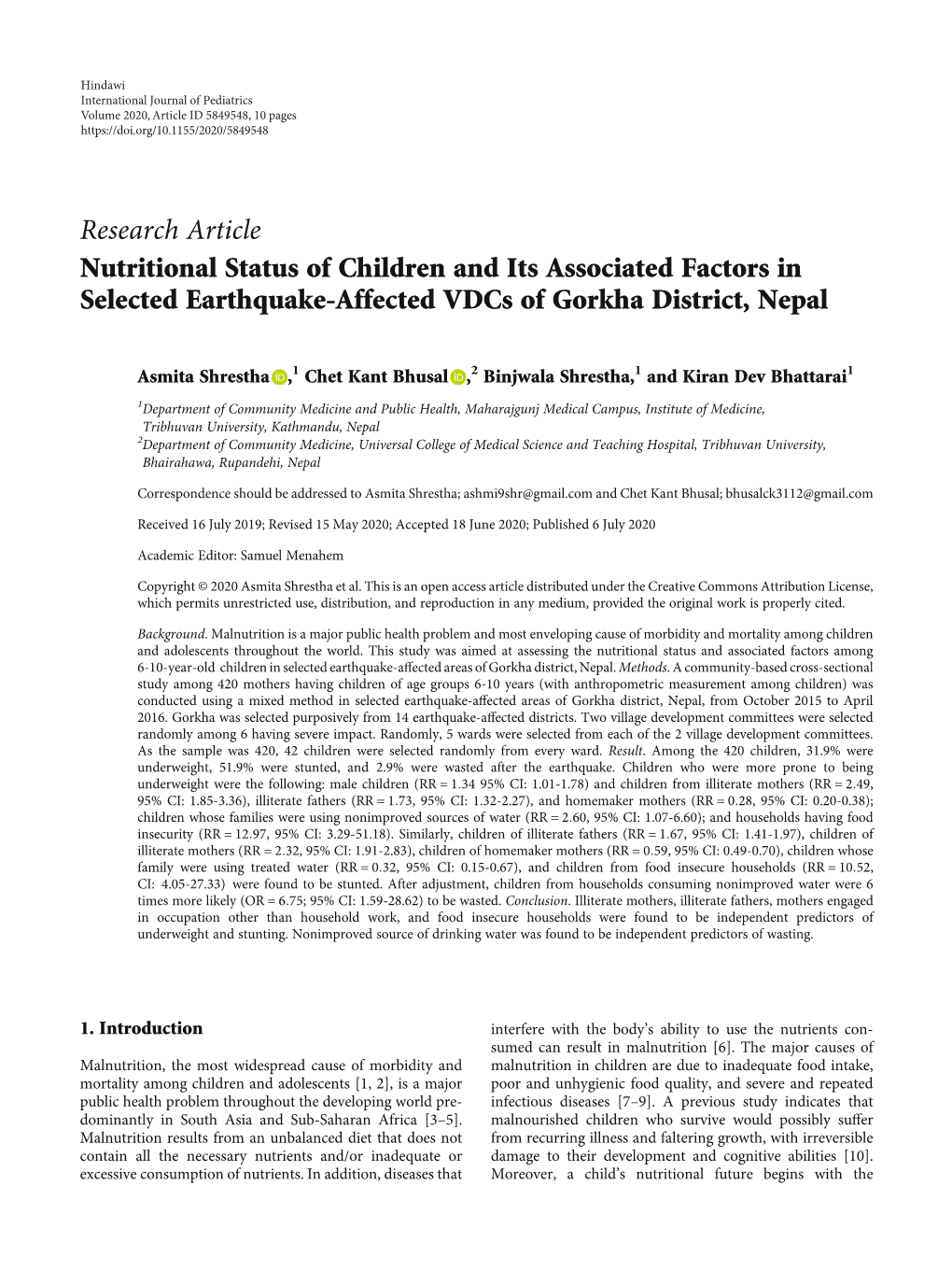 Research Article Nutritional Status of Children and Its Associated Factors in Selected Earthquake-Affected Vdcs of Gorkha District, Nepal